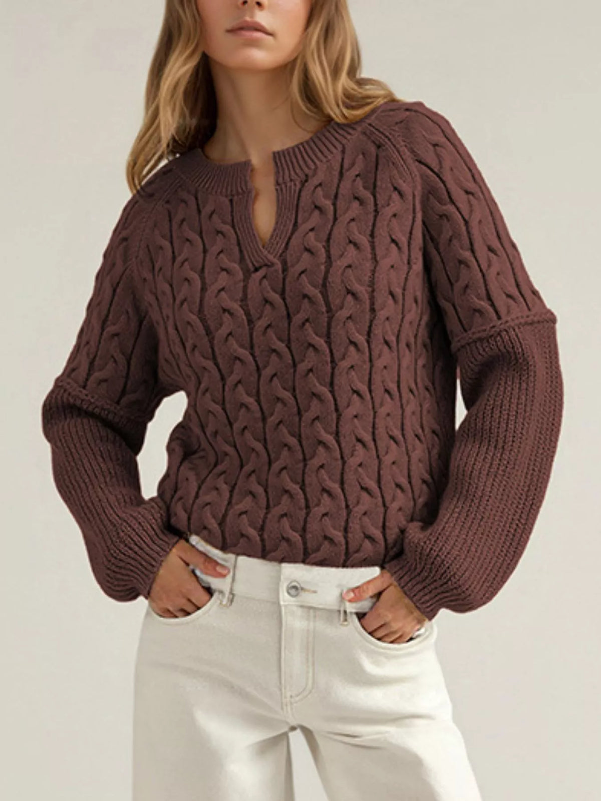 Cable-Knit Dropped Shoulder Sweater - Lilixa.store