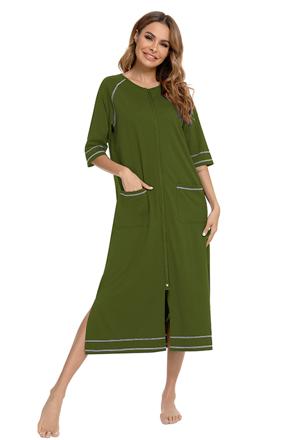 Zip Up Slit Round Neck Night Dress with Pockets - Lilixa.store