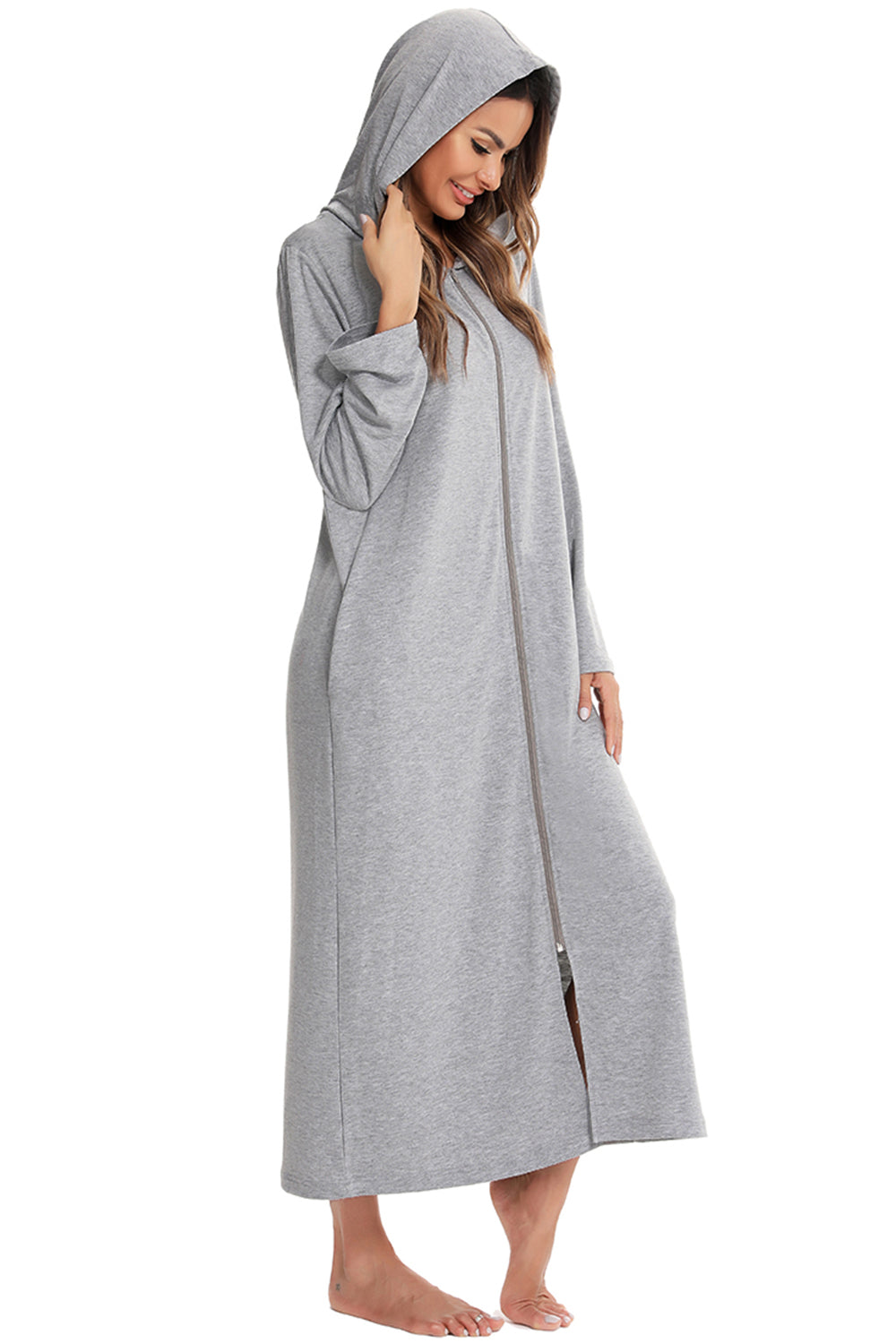 Zip Front Hooded Night Dress with Pockets - Lilixa.store
