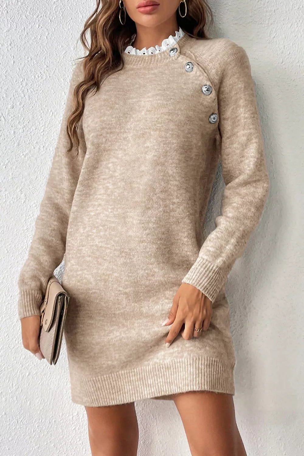 Ribbed Hem Raglan Sleeve Sweater Dress in Tan, view 4