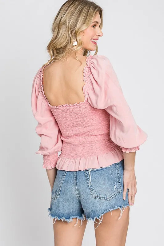 GeeGee Full Size Ruffled Smocked Frill Square Neck Top Plus Size - Lilixa.store