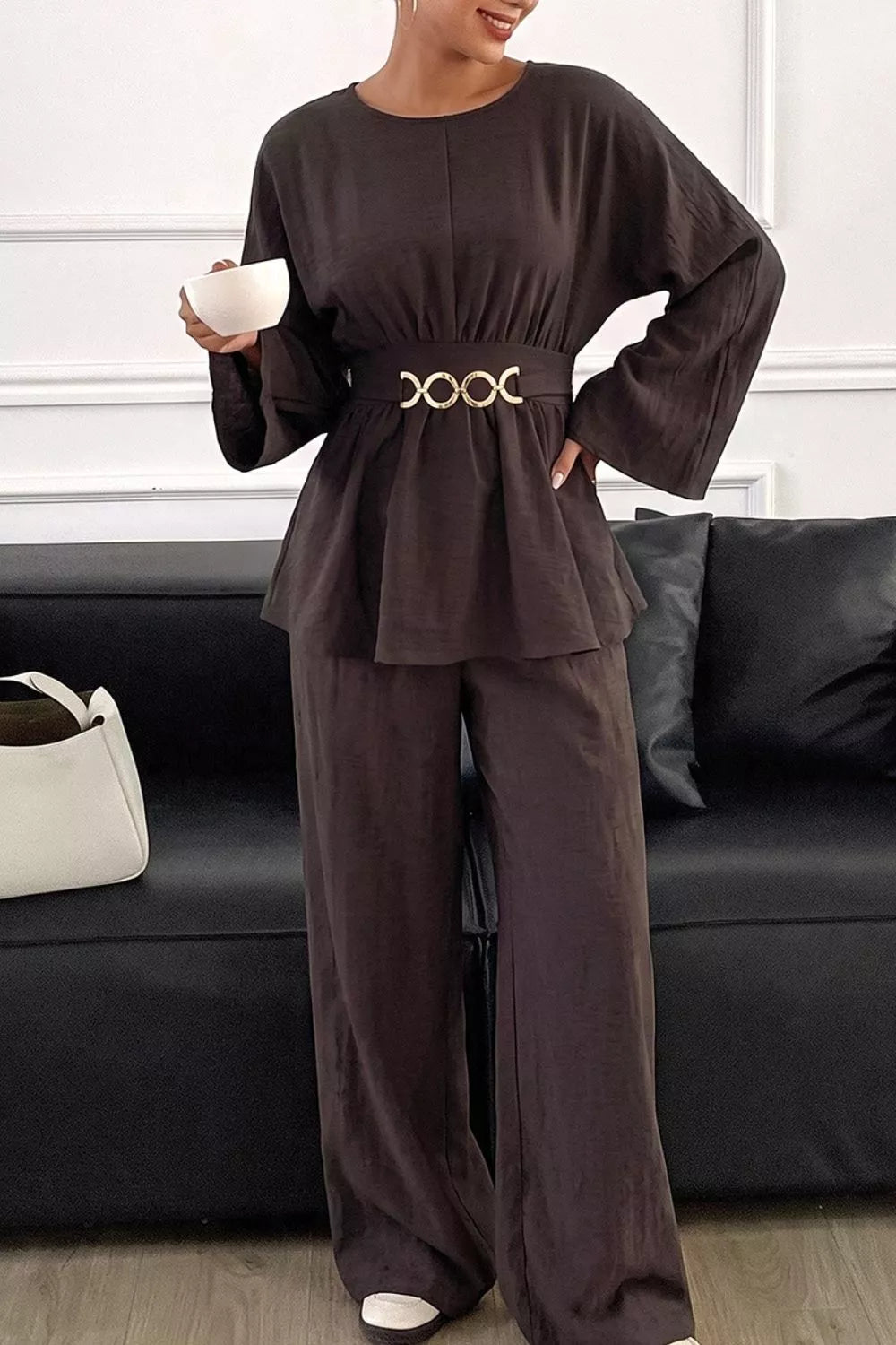 Metal Chain Waist Detail Top and Pants Set - Lilixa.store