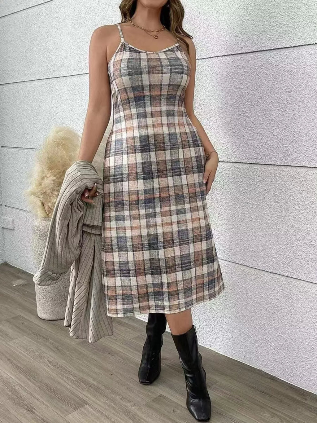 Full Size Ribbed Knit Cardigan and Plaid Dress Two-Piece Set Plus Size - Lilixa.store