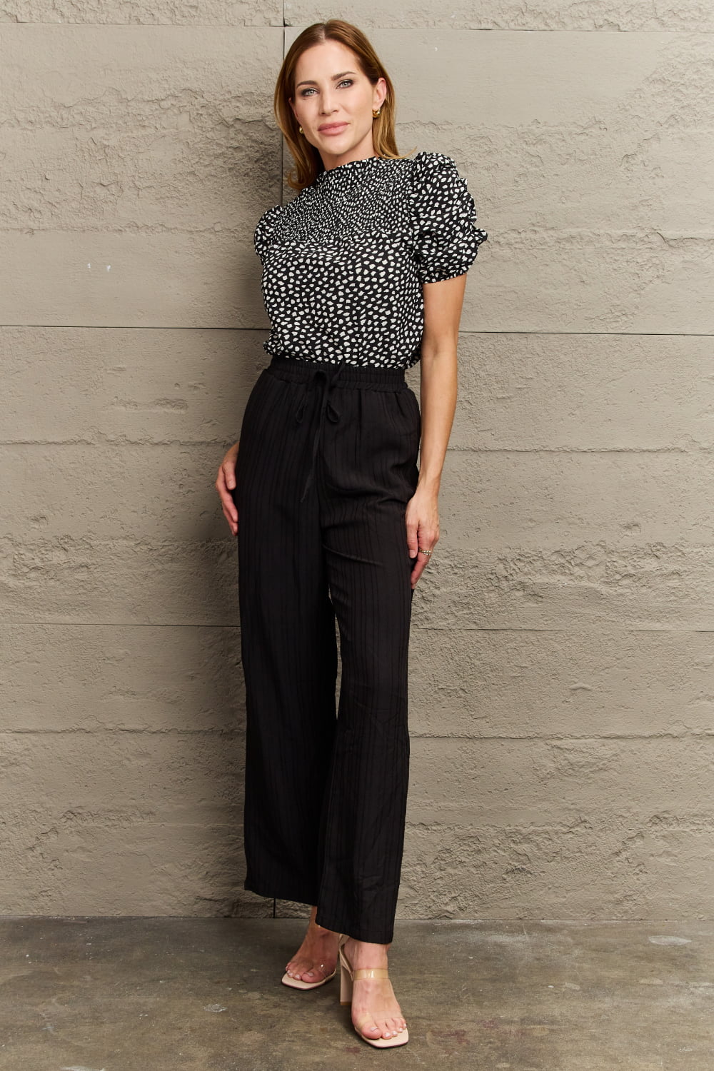 Perfee Printed Round Neck Puff Sleeve Blouse in Black, view 4