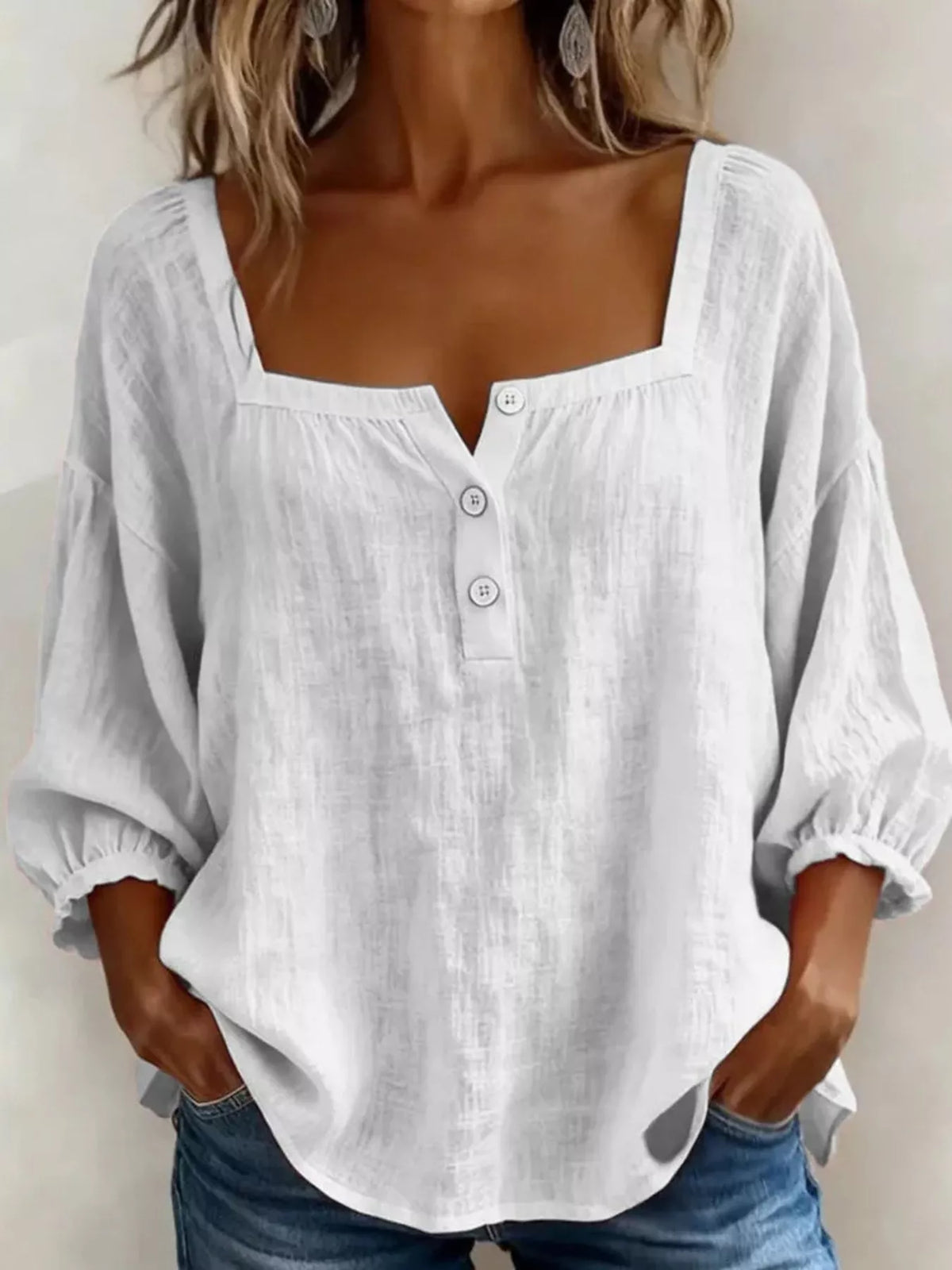 Full Size Square Neck Button Detail Blouse Plus Size - Lilixa.store