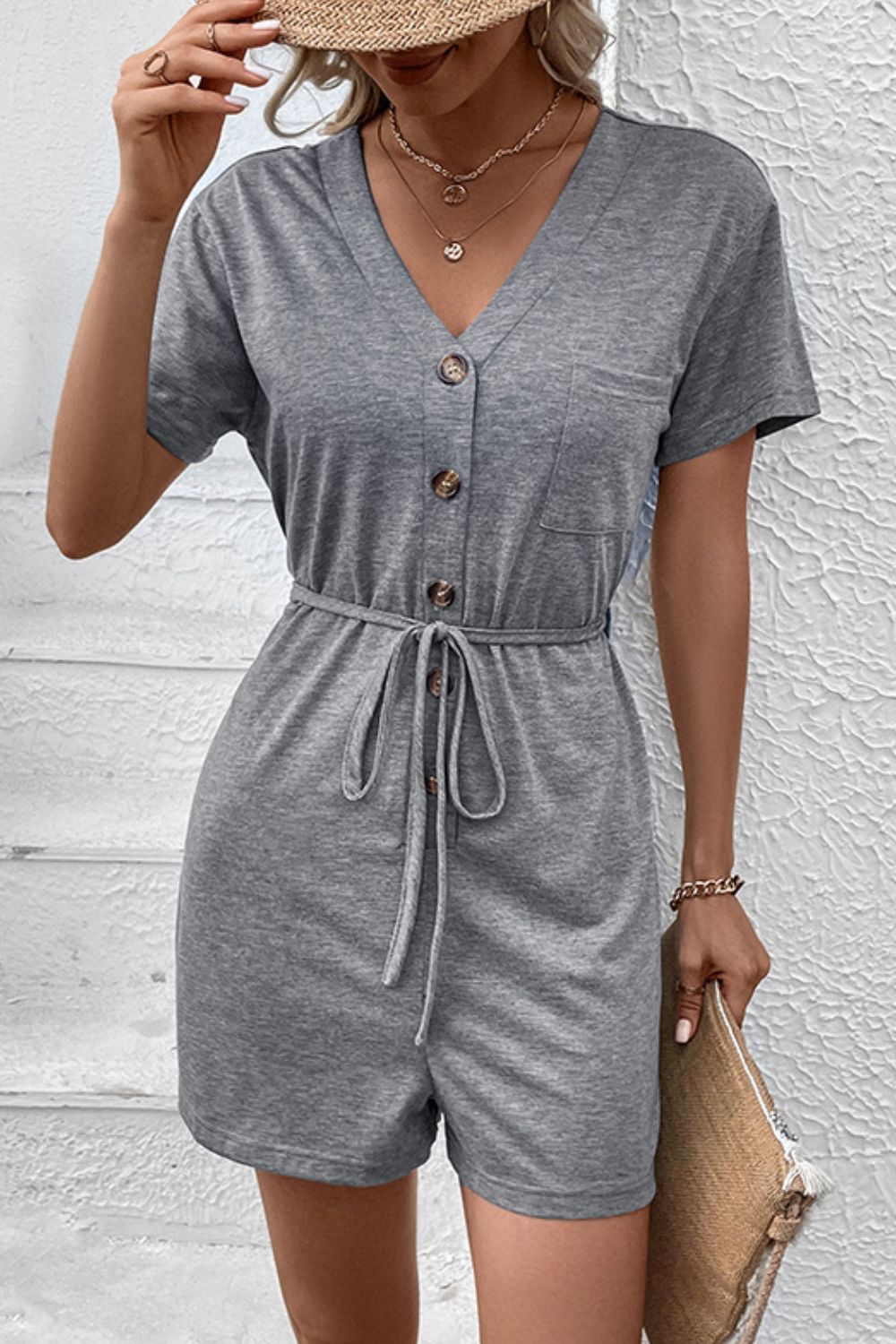 Perfee V-Neck Short Sleeve Tied Romper - Lilixa.store
