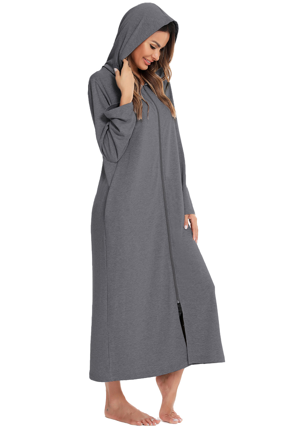 Zip Front Hooded Night Dress with Pockets - Lilixa.store