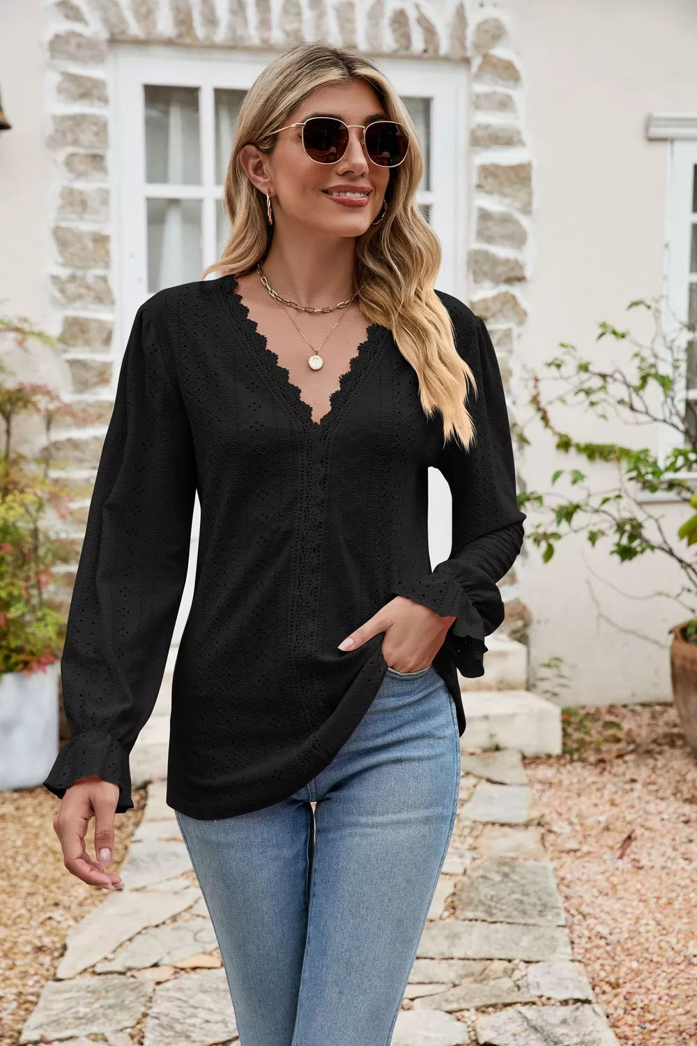 Eyelet Lace Trim Flounce Sleeve Blouse in Black