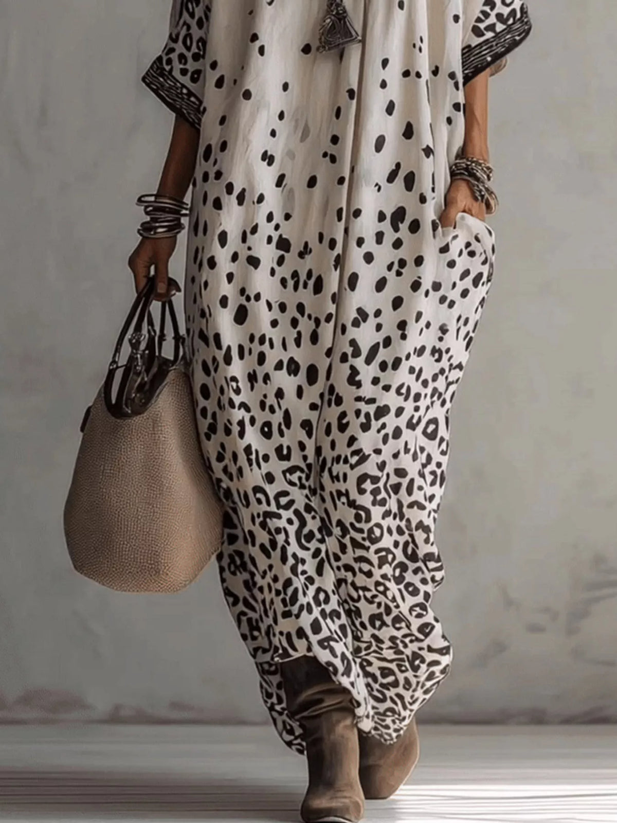 V-Neck Leopard Print Loose Maxi Dress