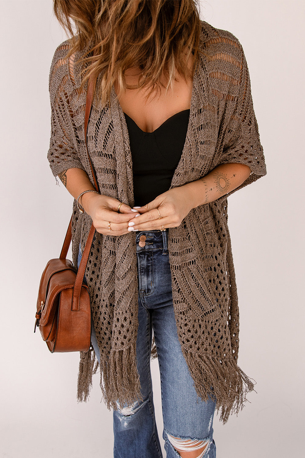 Fringe Hem Slit Open Front Cardigan, view 6