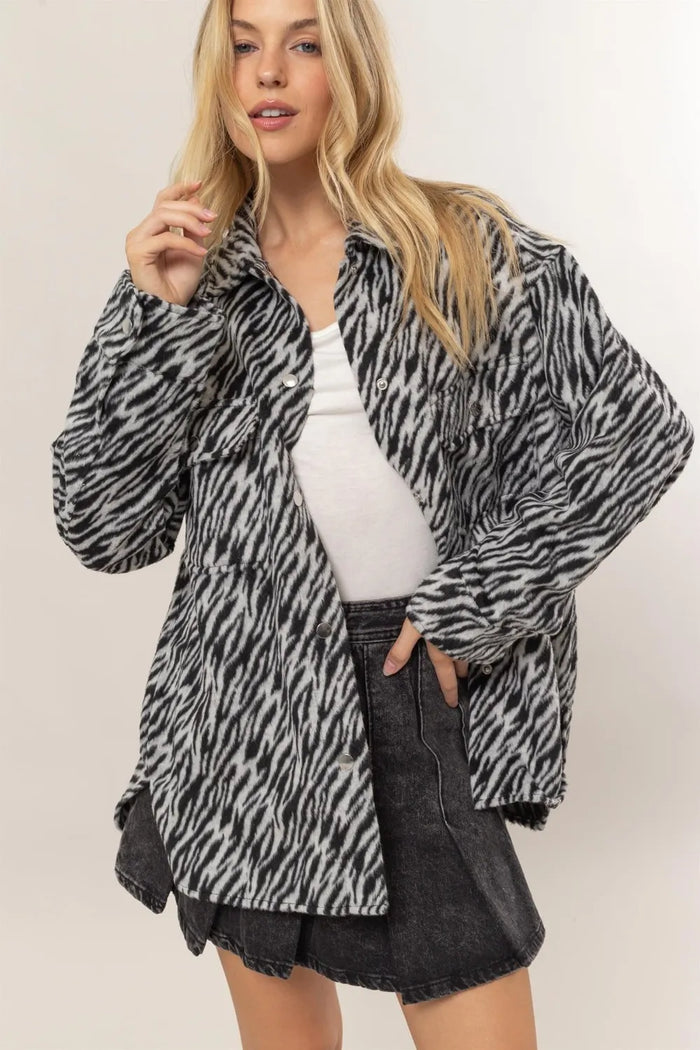 HYFVE Zebra Print Snap Down Long Sleeve Shacket in Black