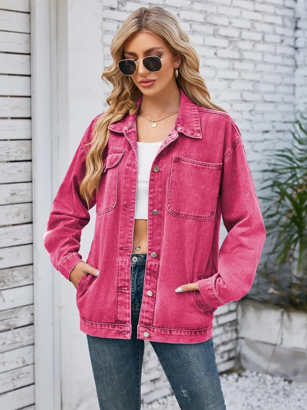 Pocketd Button Up Detachable Hooded Denim Jacket in Hot Pink