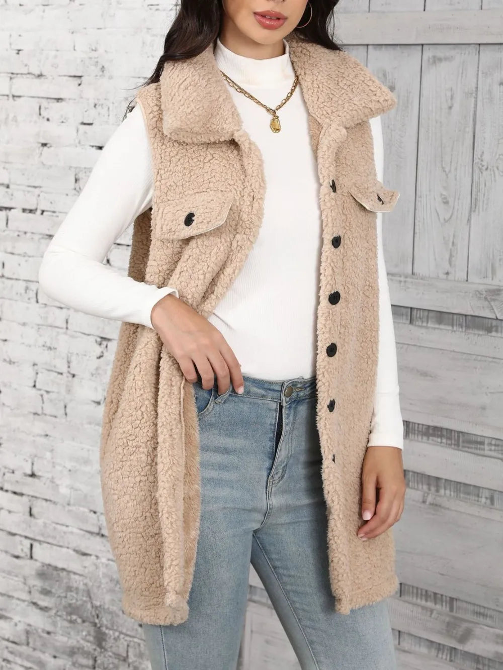 Button Up Teddy Vest Coat in Tan, view 5