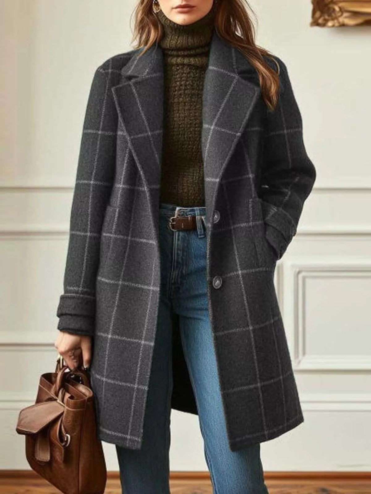 Full Size Plaid Lapel Collar Longline Single-Breasted Overcoat Plus Size