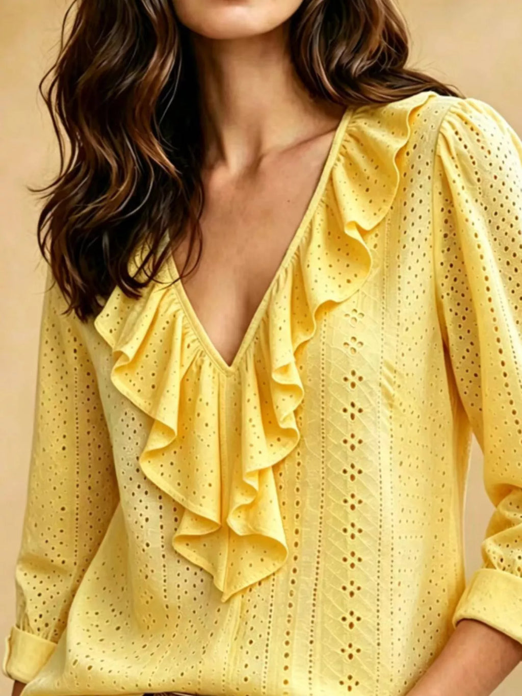 Eyelet Ruffle V-Neck Blouse - Lilixa.store