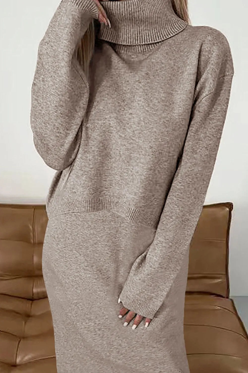 Turtleneck Dropped Shoulder Sweater and Dress Sweater Set in Mocha
