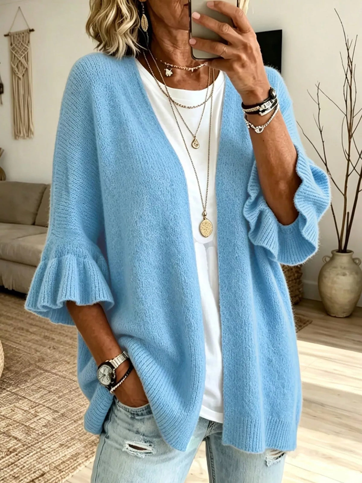 Full Size Ruffle Sleeve Open-Front Cardigan Plus Size - Lilixa.store
