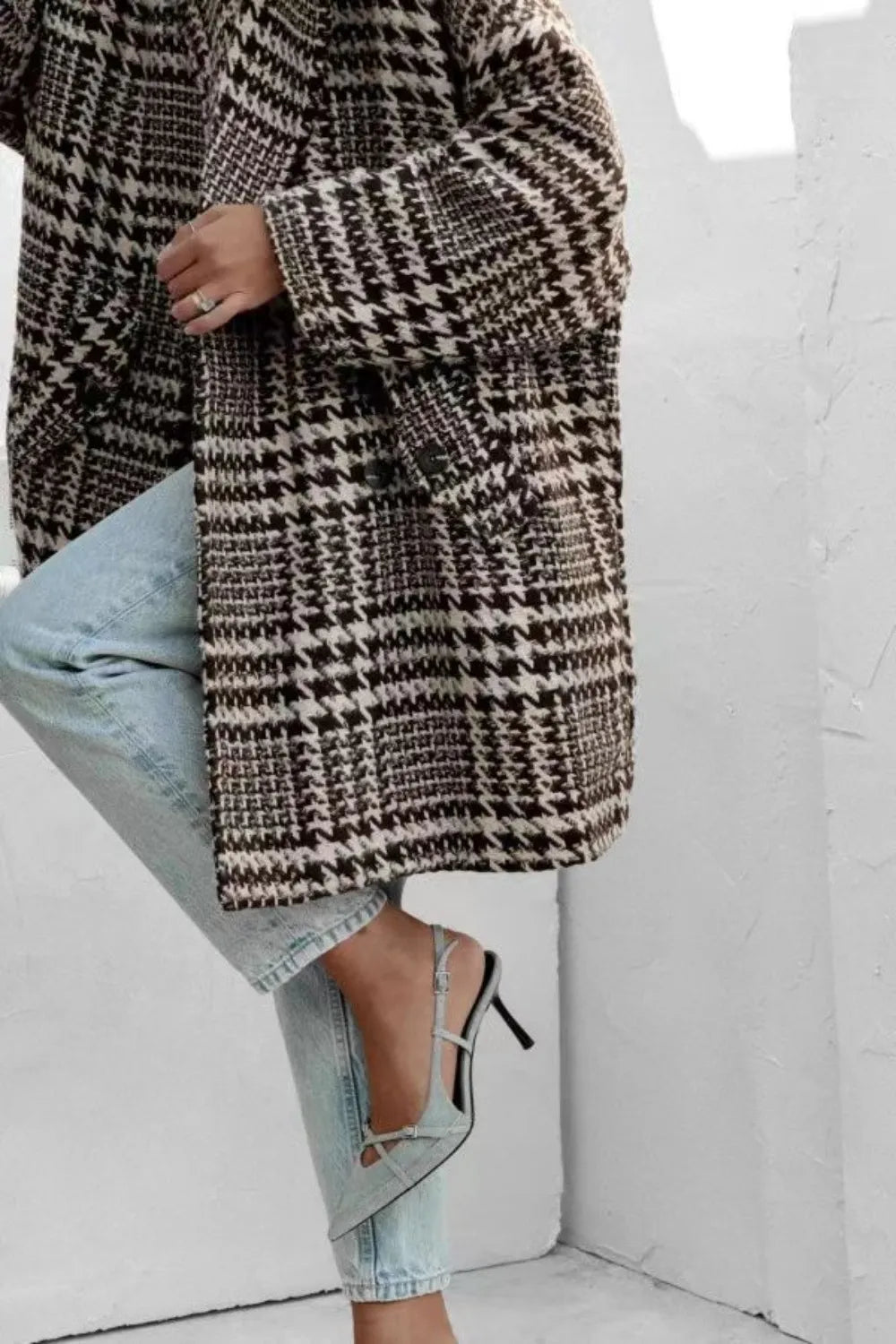 Houndstooth Collared Neck Long Sleeve Coat with Pockets, view 4
