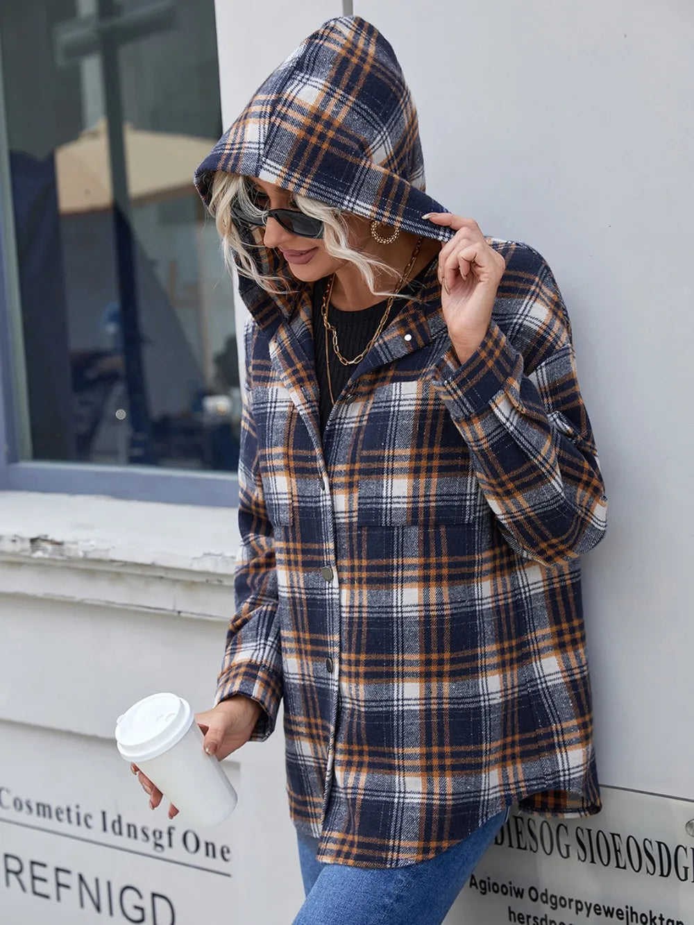 Ivy Lane Plaid Button Up Long Sleeve Hooded Jacket, view 3