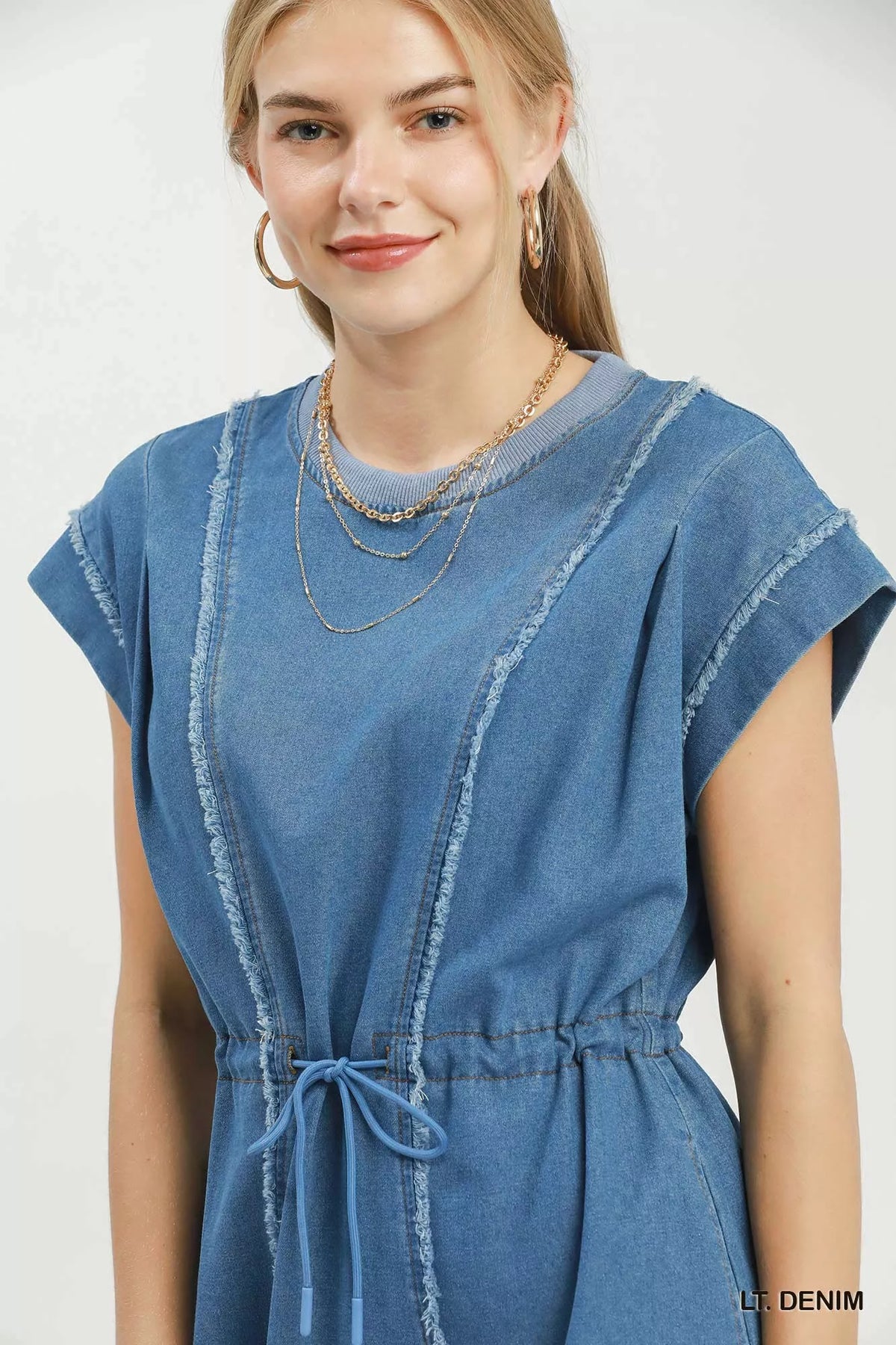 Umgee Drawstring Waist Frayed Denim Mini Dress, view 6