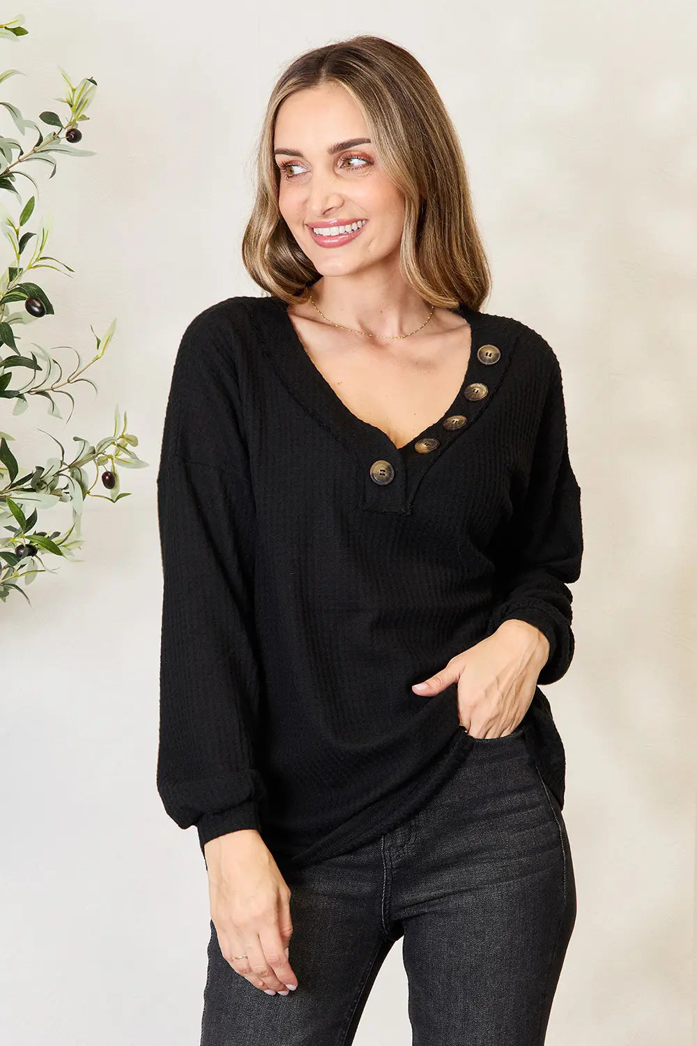 Zenana Buttoned Long Sleeve Blouse - Lilixa.store
