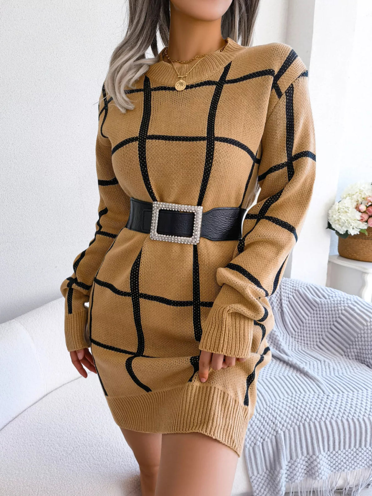 Plaid Pattern Long Sleeve Sweater Dress, view 15