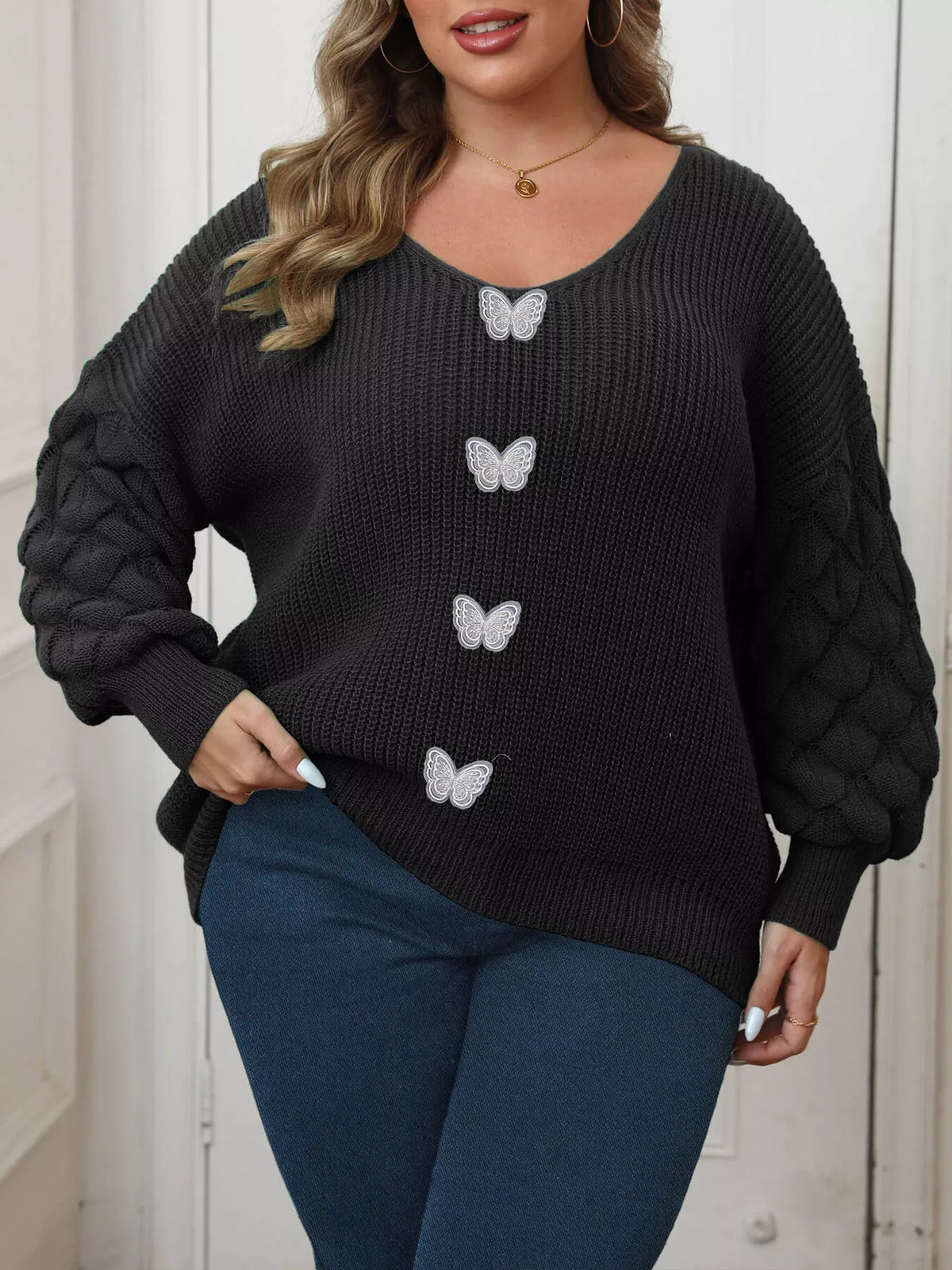 Plus Size Butterfly Dropped Shoulder Sweater - Lilixa.store