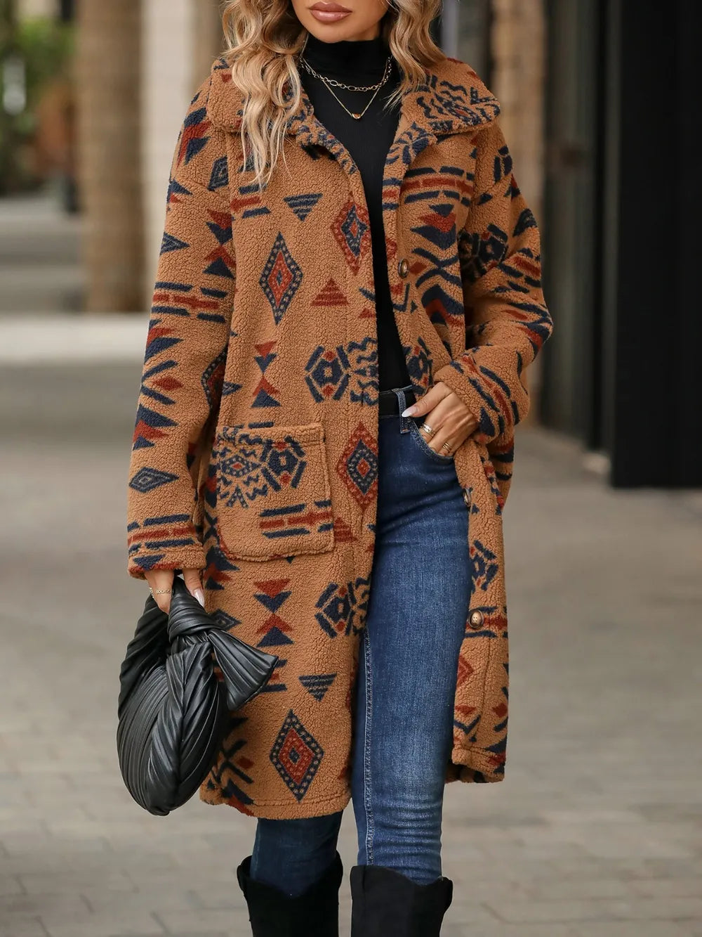 Geometric Pocketed Dropped Shoulder Coat in Caramel