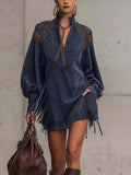 Fringed Lantern Sleeve Mini Dress - Lilixa.store