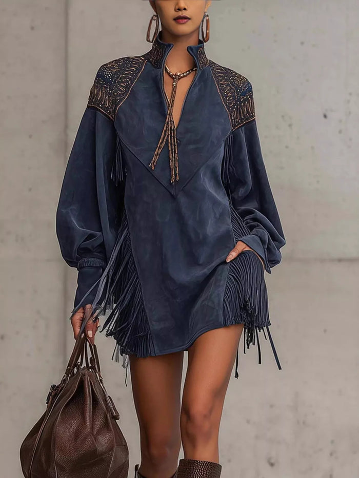 Fringed Lantern Sleeve Mini Dress - Lilixa.store