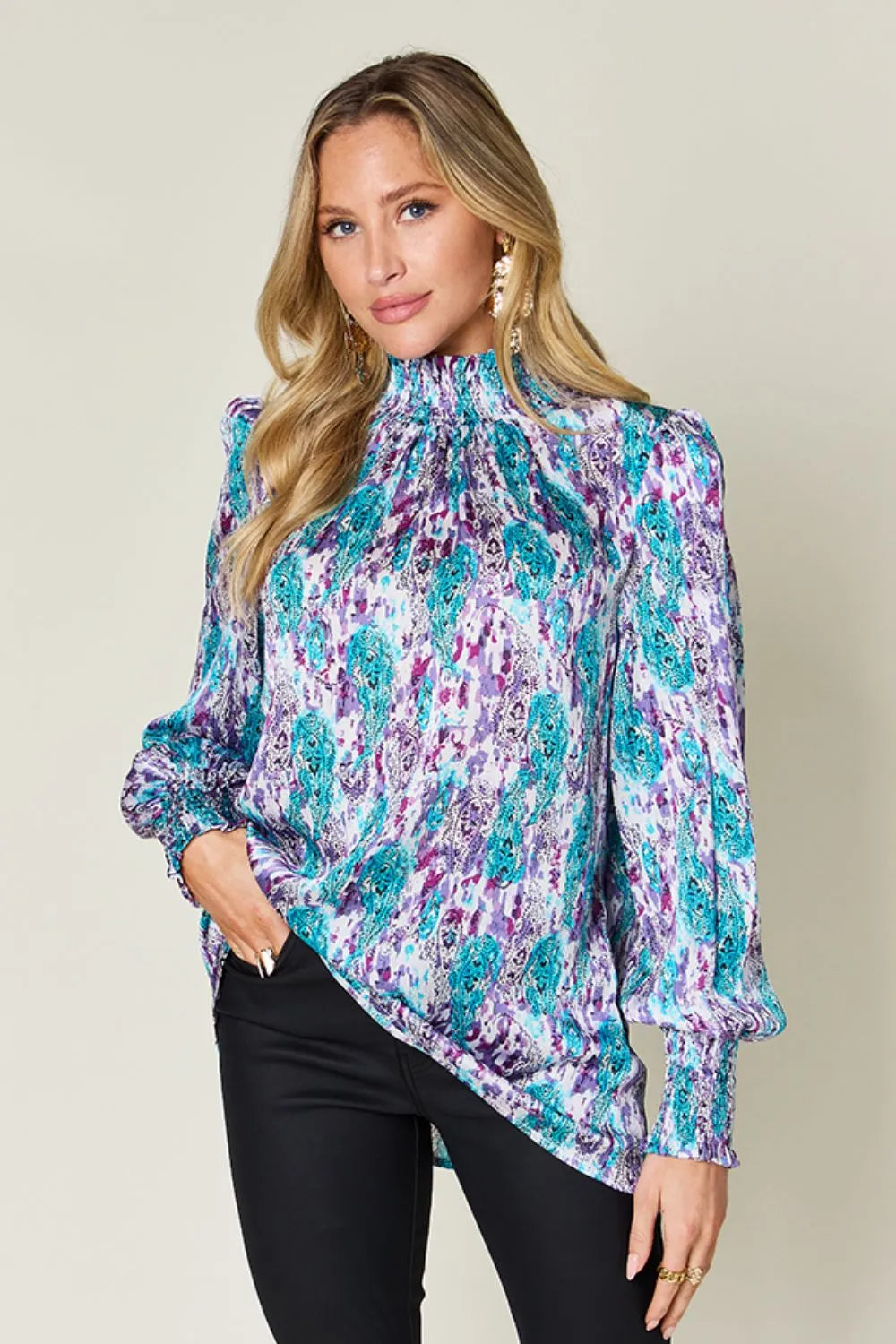 Double Take Full Size Printed Smocked Long Sleeve Blouse - Lilixa.store
