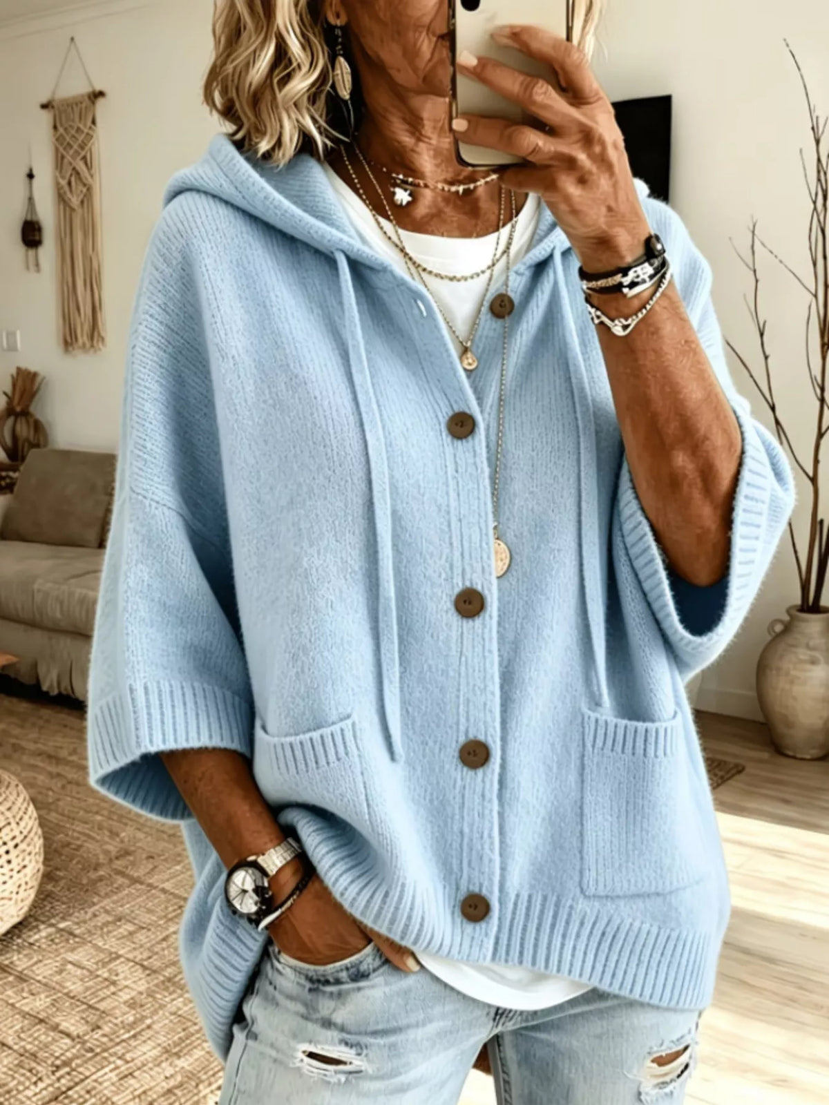 Full Size Casual Hooded Button-Down Knit Cardigan with Pockets Plus Size - Lilixa.store