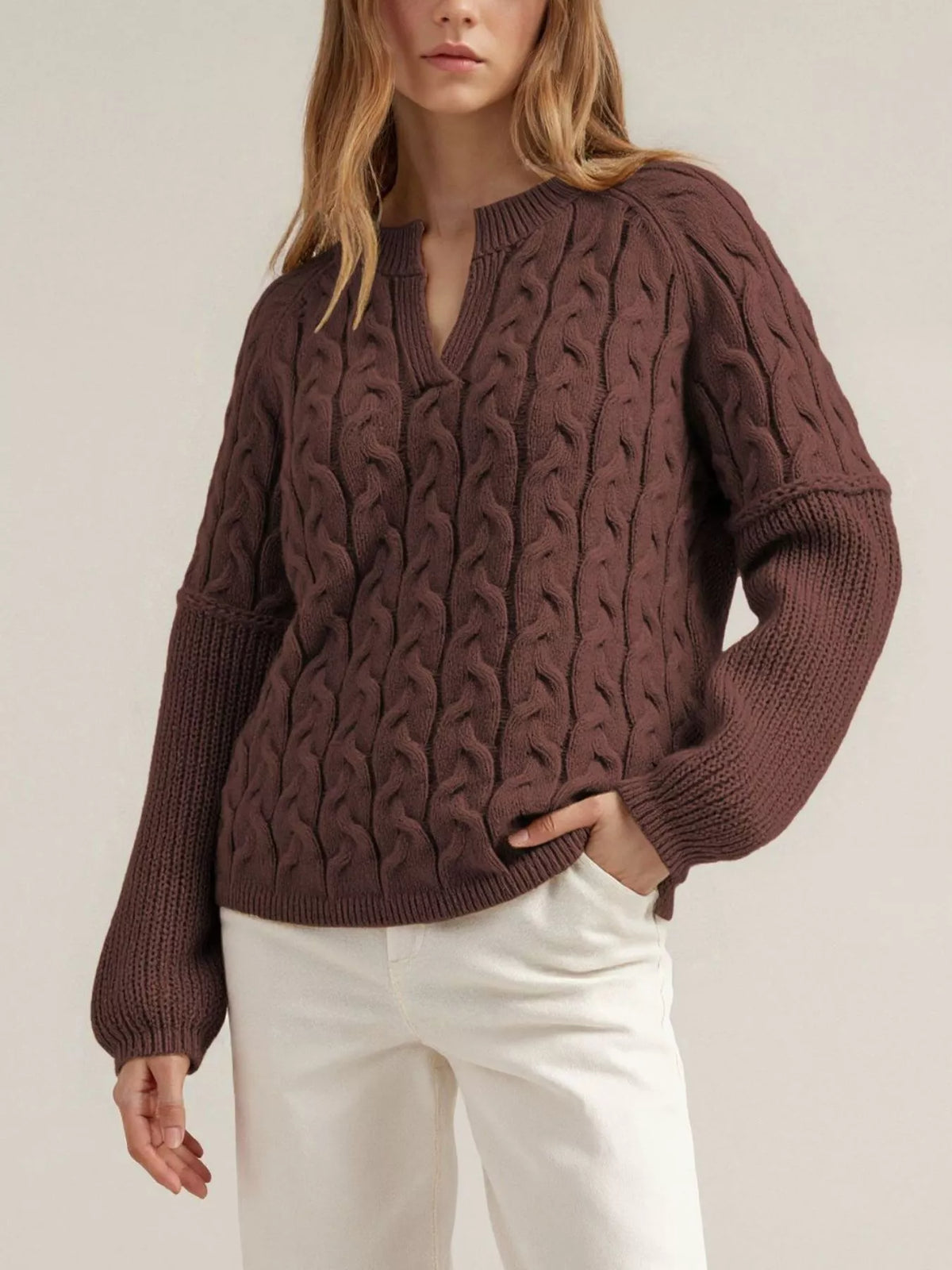 Cable-Knit Dropped Shoulder Sweater - Lilixa.store