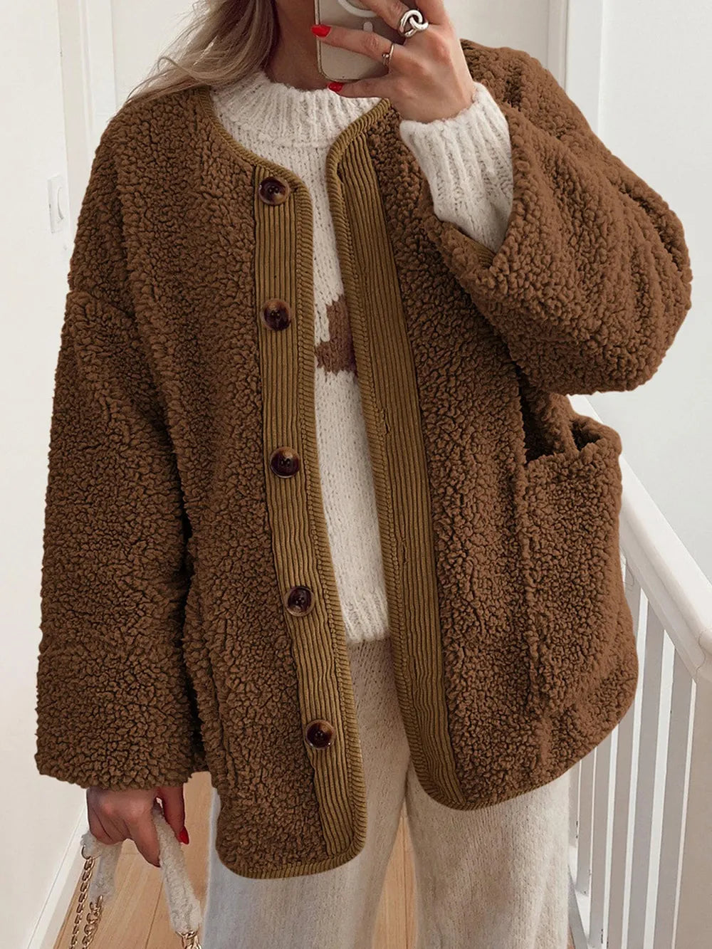 Contrast Button Up Sherpa Jacket with Pockets, view 9