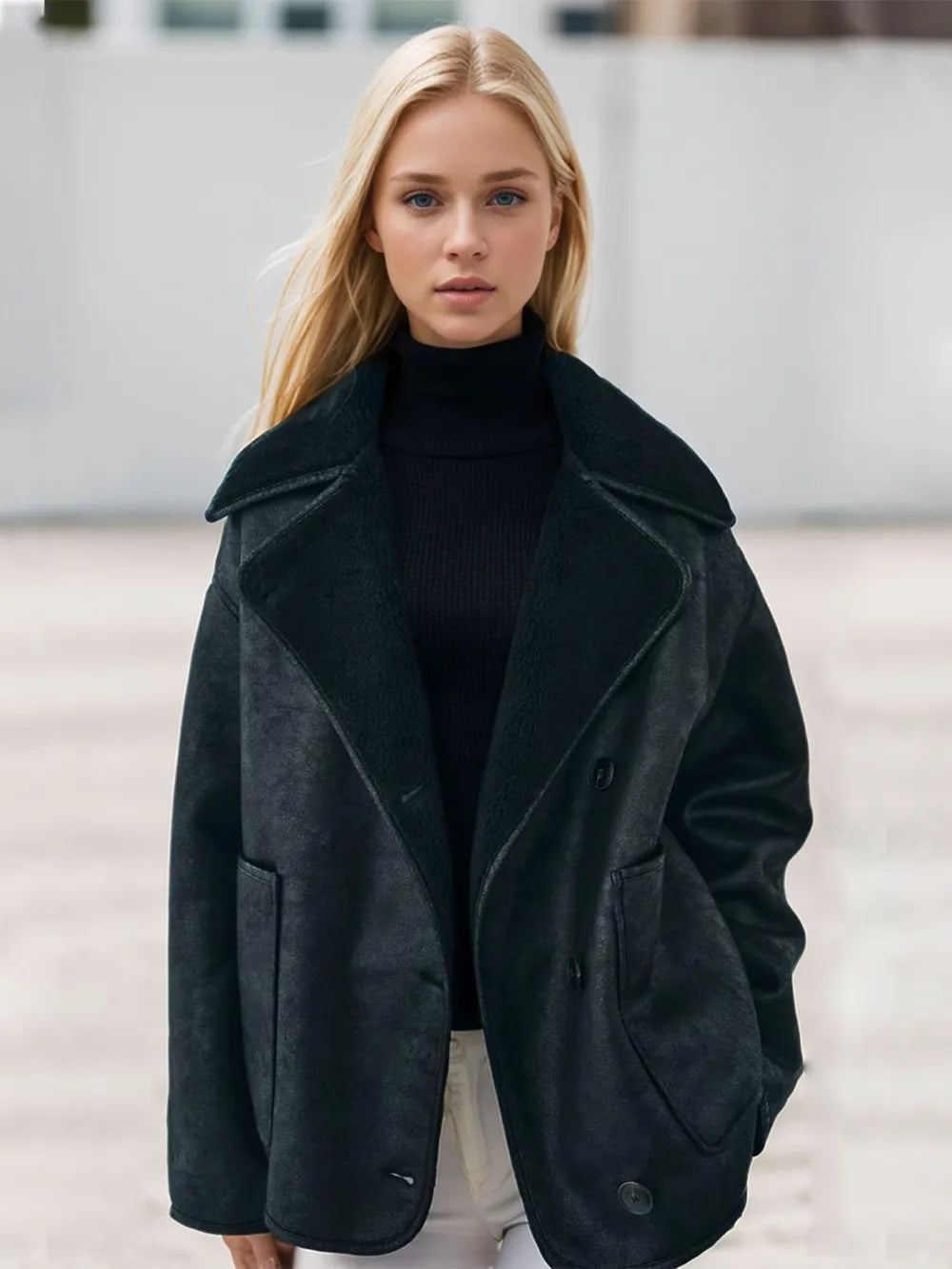 Collared Neck Long Sleeve Plush Jacket in Black