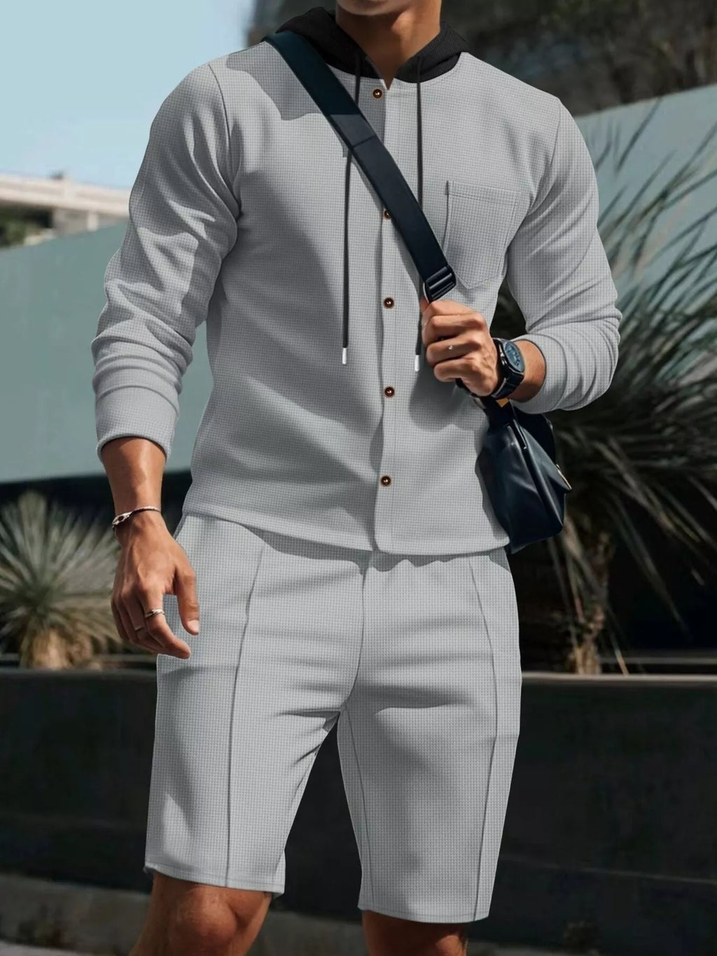 Men's Full Size Casual Hooded Button-Up Top and Shorts Set Plus Size - Lilixa.store