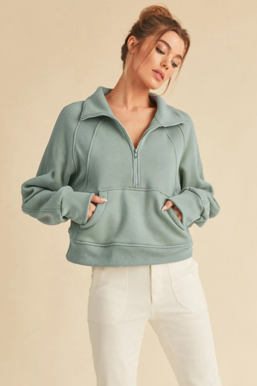 Aemi + Co Half Zip Raglan Sleeve Sweatshirt with Kangaroo Pocket in Pale Blue