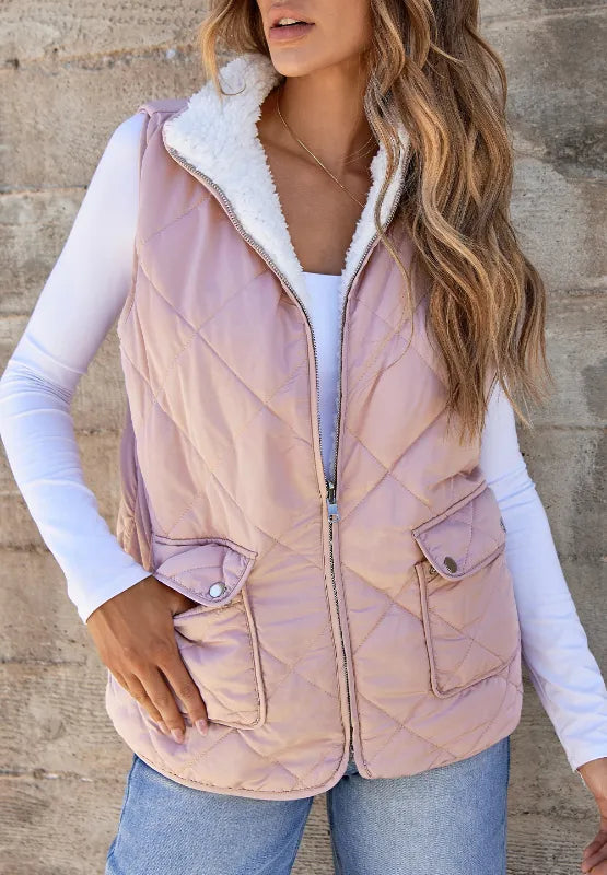 Fuzzy Zip Up Vest Coat with Pockets in Blush Pink