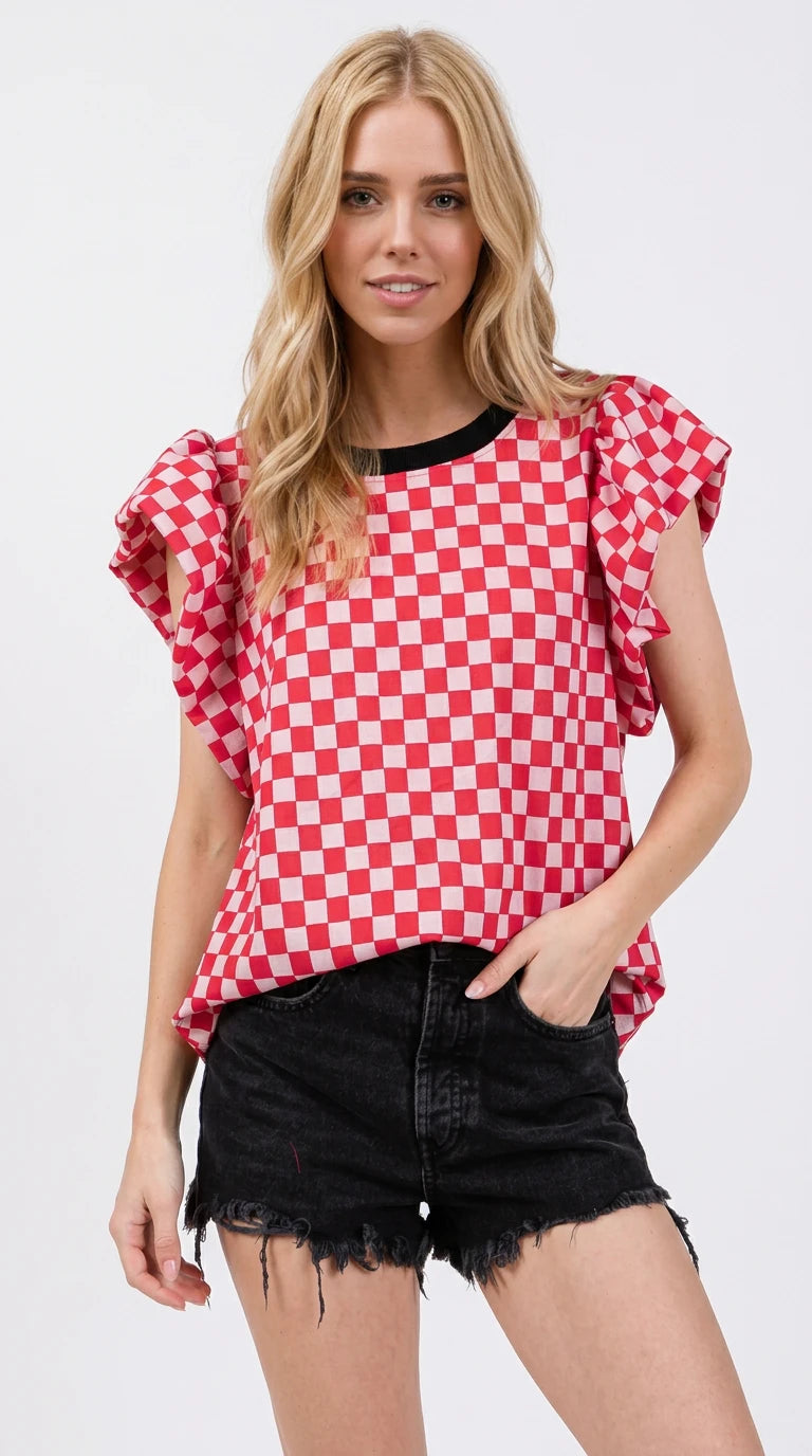Oh Checkered Round Neck Puff Sleeve Blouse