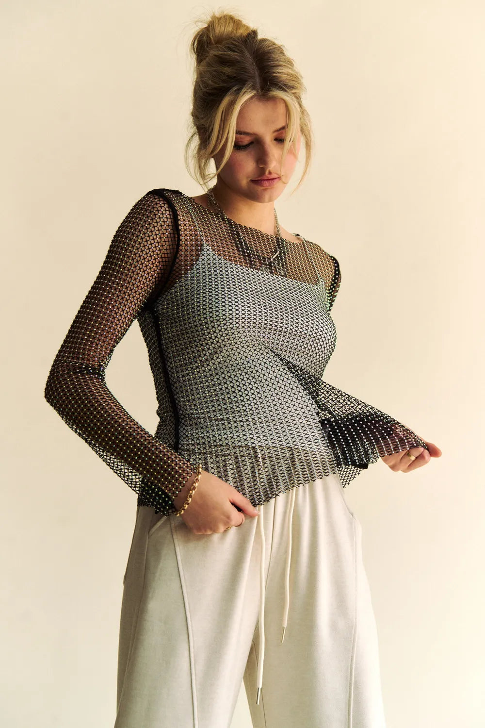 Davi & Dani Sparkling Rhinestone Sheer Mesh Round Neck Top - Lilixa.store