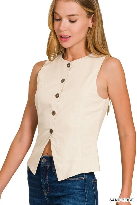 Zenana Linen Button Down Vest in Sand Beige, view 2