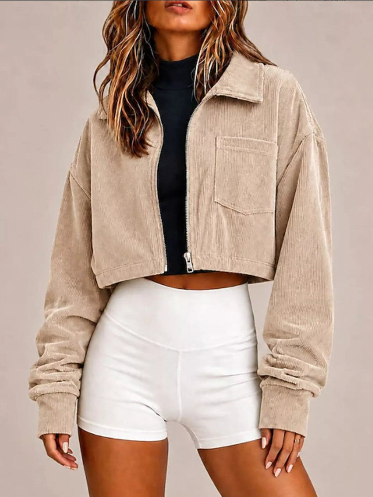 Corduroy Zip Up Cropped Jacket