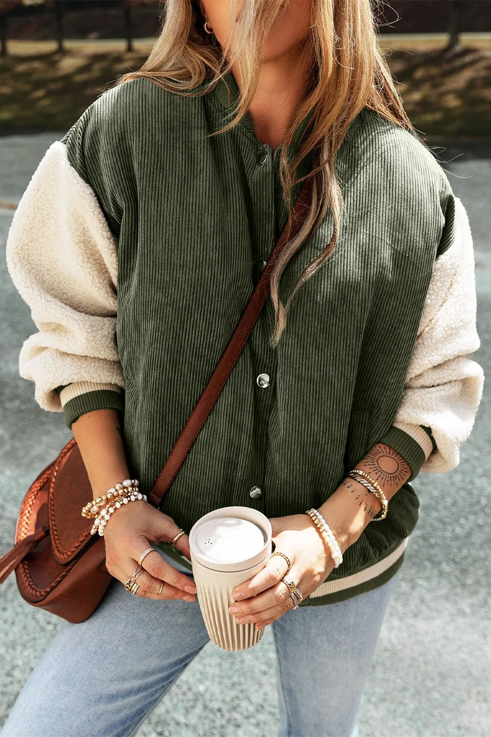 Contrast Baseball Collar Snap Down Long Sleeve Jacket, view 3