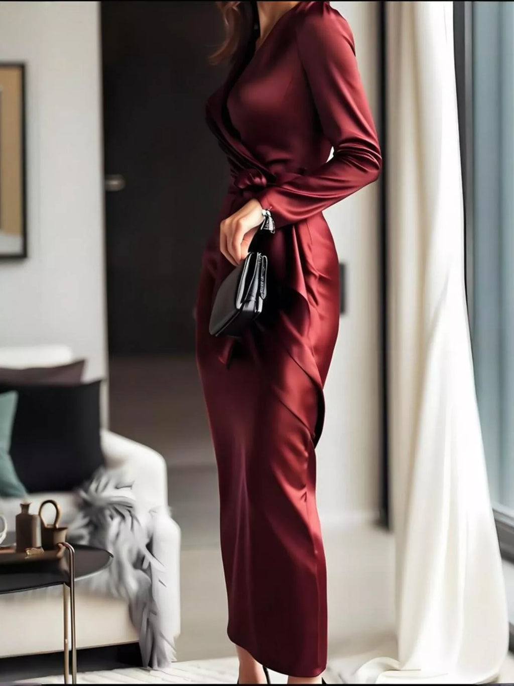Surplice Satin Long Sleeve Dress - Lilixa.store
