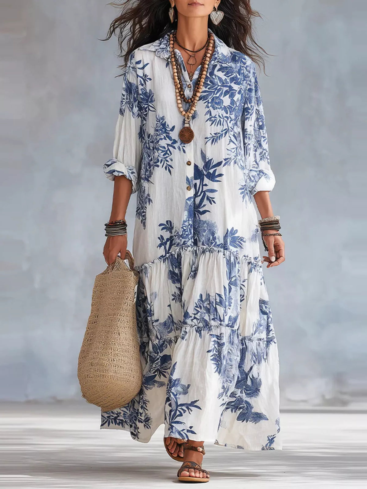 Printed Button Front Maxi Dress