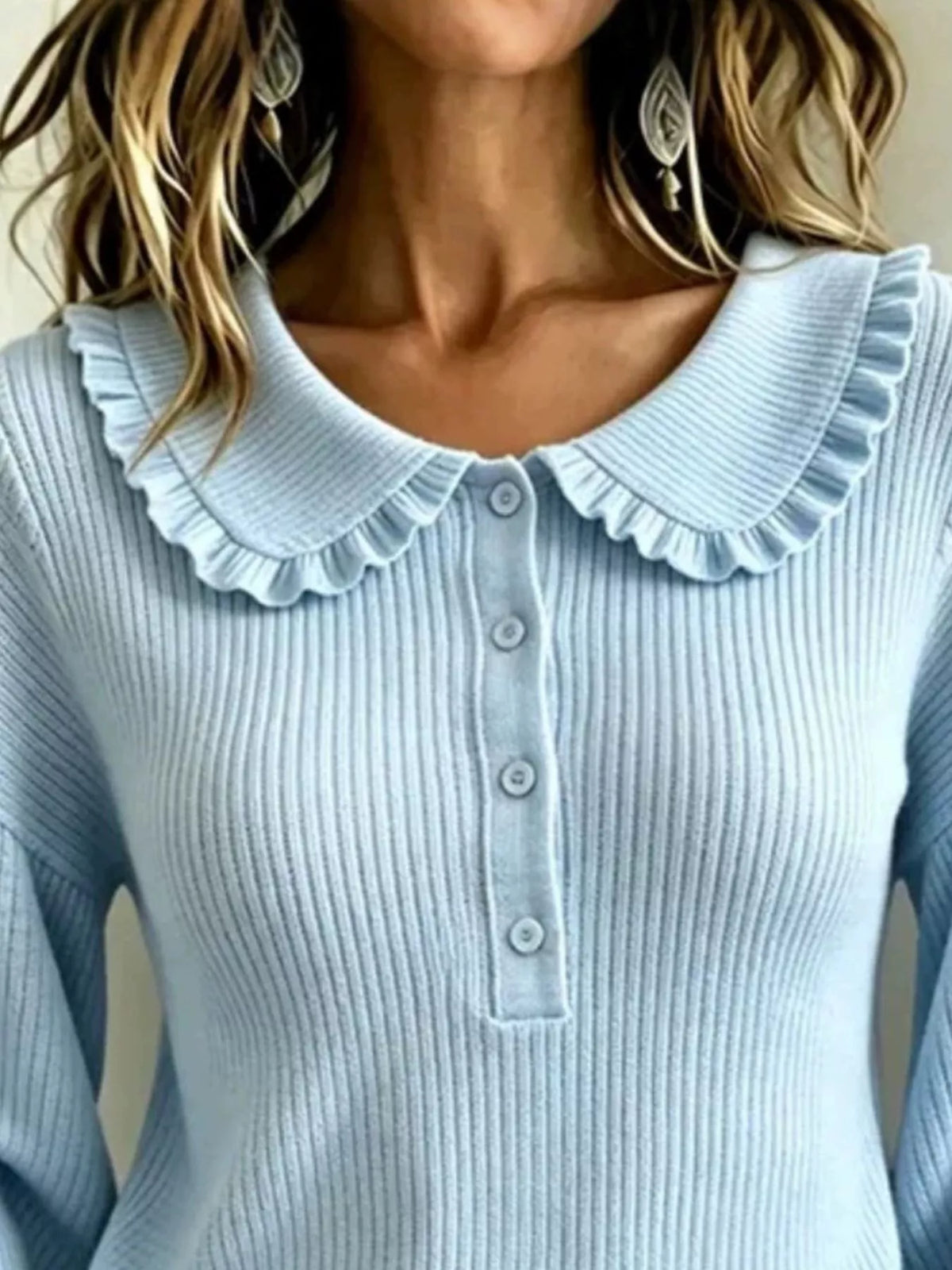 Full Size Ruffle Collar Button Detail Sweater Plus Size
