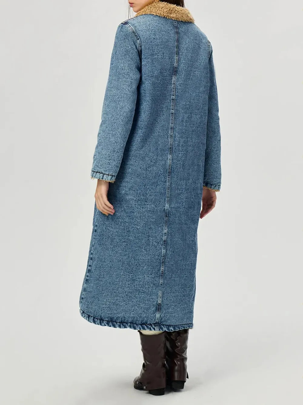 Pocketed Button Up Denim Jacket with Fur Lining, view 3