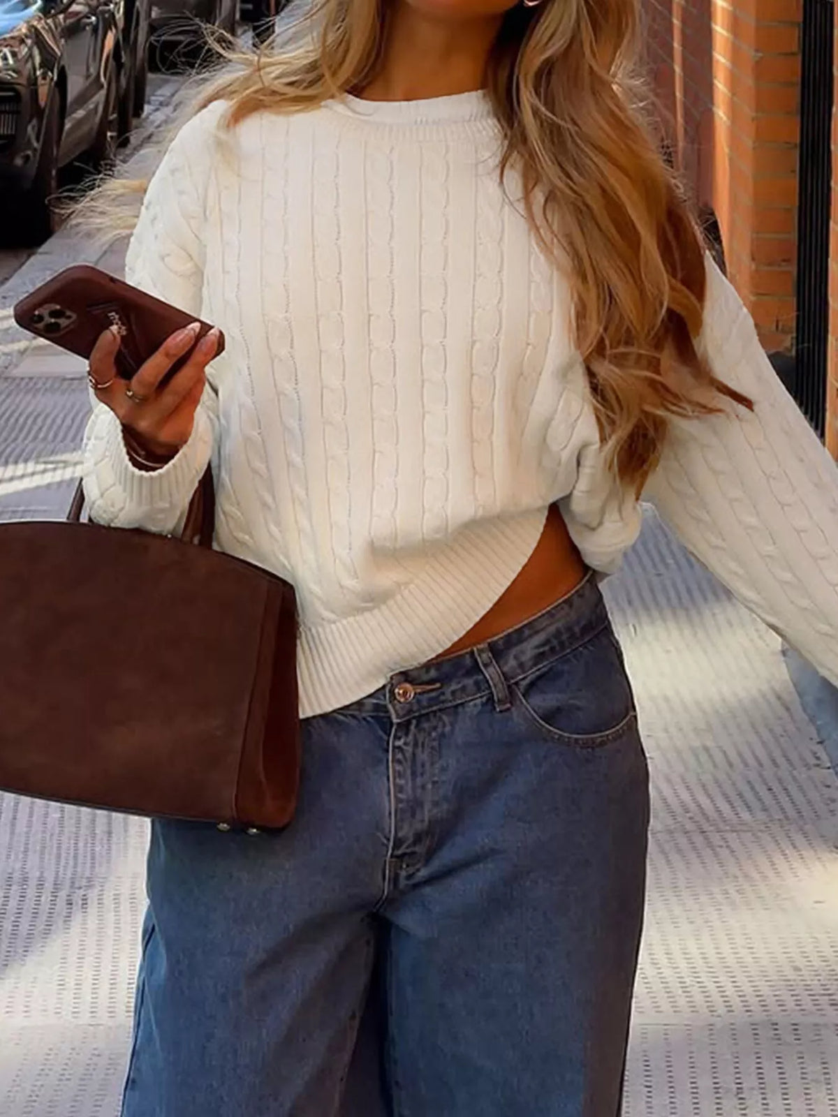 Cable-Knit Crew Neck Sweater - Lilixa.store
