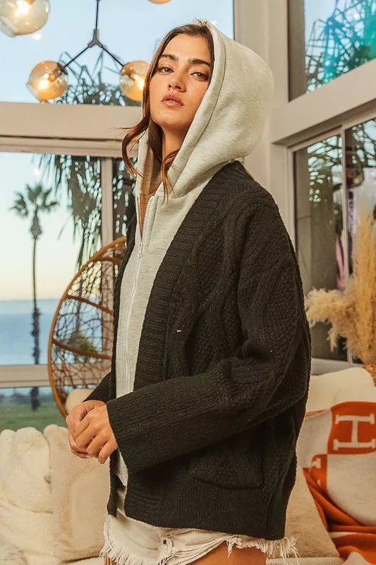 BiBi Knit Hoodie Rhombus Sweater Jacket in Black/Grey, view 3