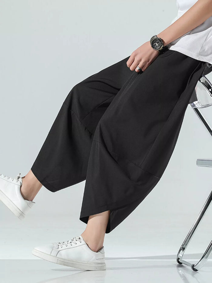 Men's Plus Size Loose-Fit Wide-Leg Cropped Casual Pants in Black